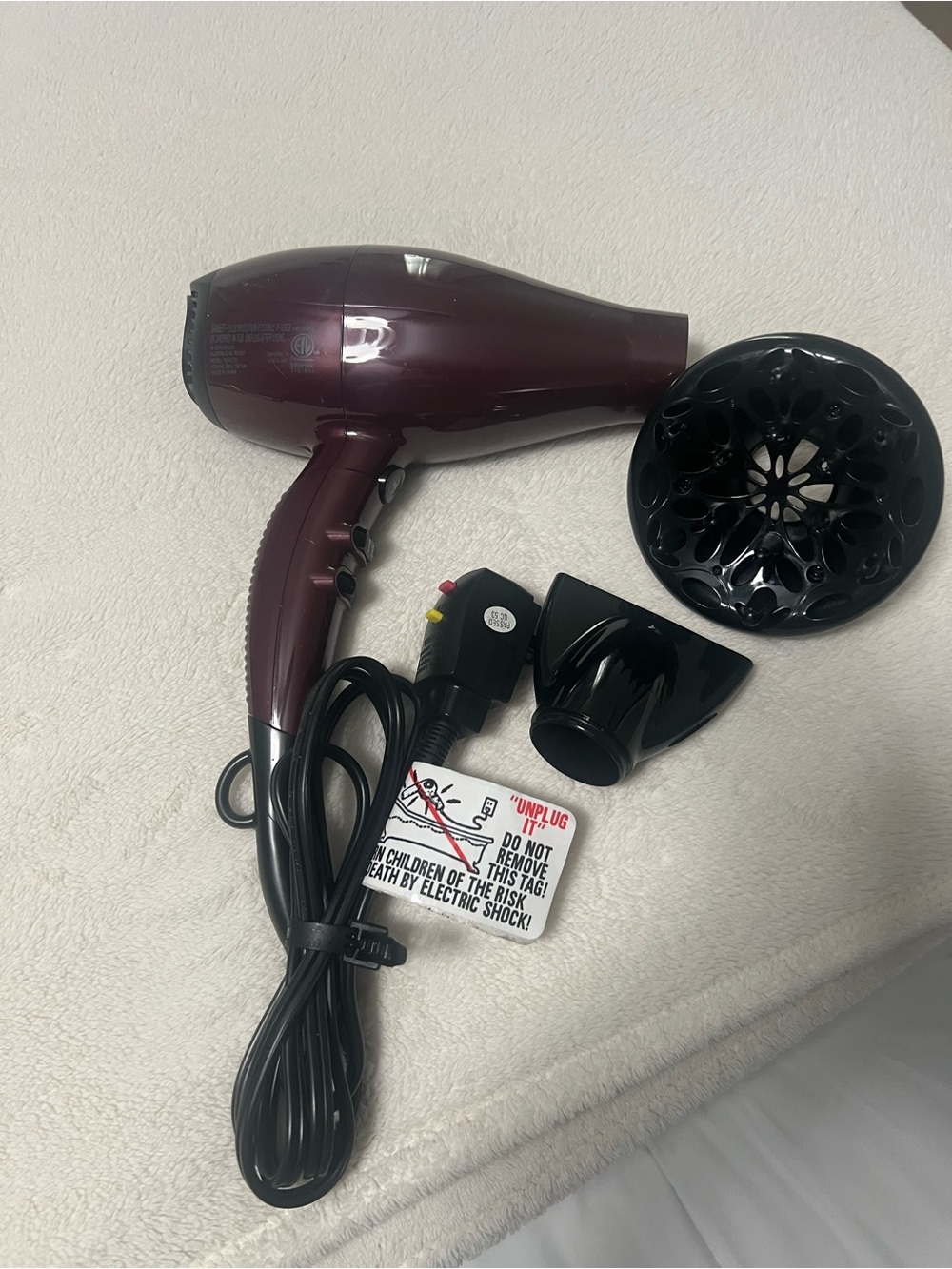 Professional Burgundy Hair Dryer with Diffuser & Concentrator and curling iron.